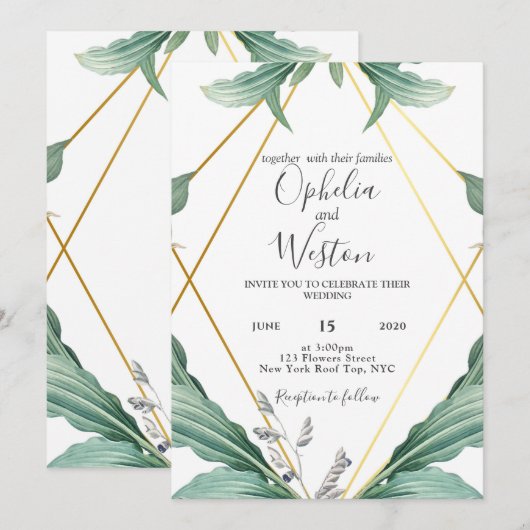 Elegant Goud Geometrisch Groen Bruiloft Kaart (Voorkant / Achterkant)