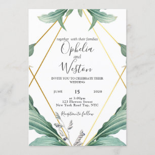 Elegant Goud Geometrisch Groen Bruiloft Kaart