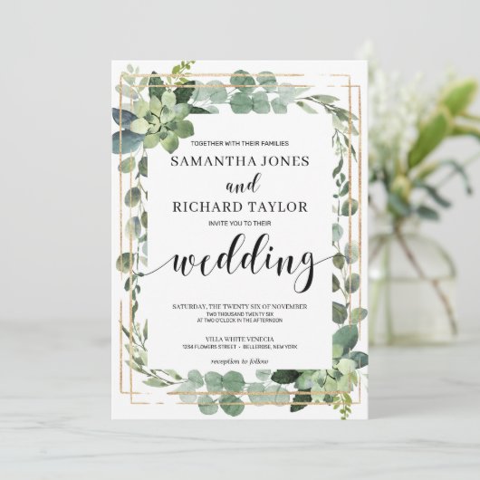 Elegant goud geometrisch lijst succulent bruiloft kaart (Staand voorkant)