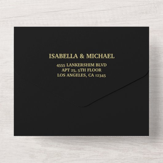 Elegant goud Gepersonaliseerd monogram op zwart All In One Uitnodiging (Achterkant)