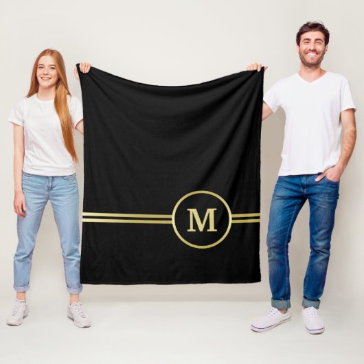 Elegant goud Gepersonaliseerd monogram op zwart Fleece Deken (In situ)