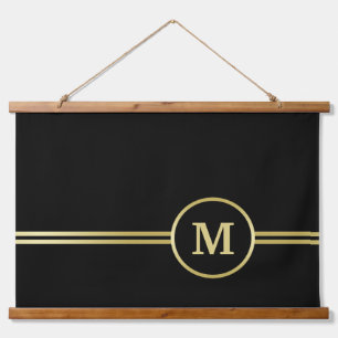 Elegant goud Gepersonaliseerd monogram op zwart Hangend Wandkleed