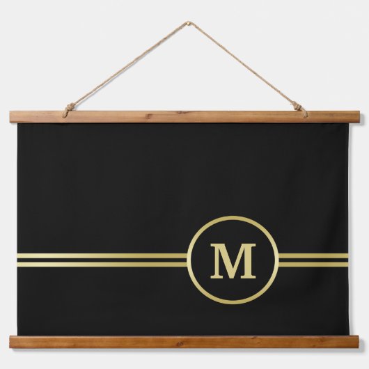 Elegant goud Gepersonaliseerd monogram op zwart Hangend Wandkleed (Voorkant)