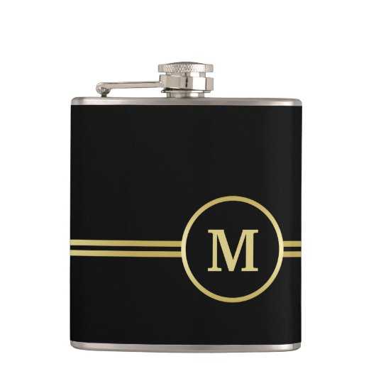 Elegant goud Gepersonaliseerd monogram op zwart Heupfles (Voorkant)