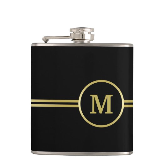 Elegant goud Gepersonaliseerd monogram op zwart Heupfles (Voorkant)