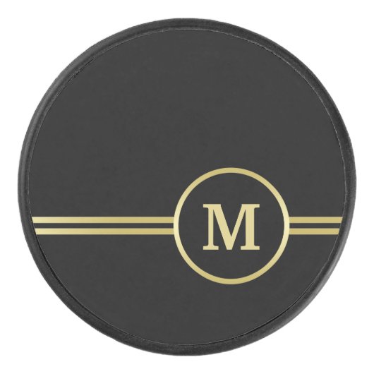 Elegant goud Gepersonaliseerd monogram op zwart Hockey Puck (Voorkant)