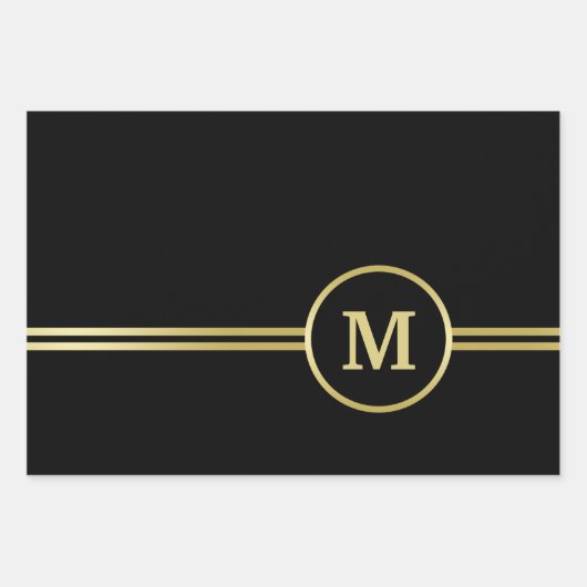 Elegant goud Gepersonaliseerd monogram op zwart Inpakpapier Vel (Voorkant 3)