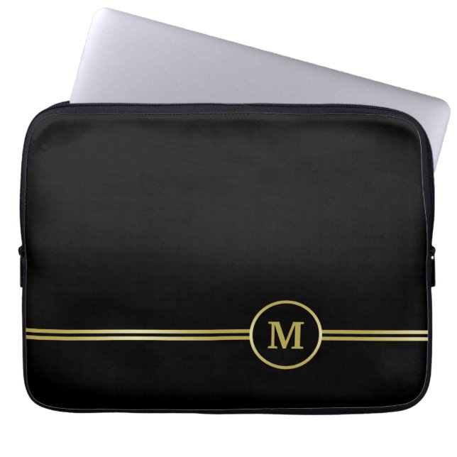 Elegant goud Gepersonaliseerd monogram op zwart Laptop Sleeve (Voorkant)