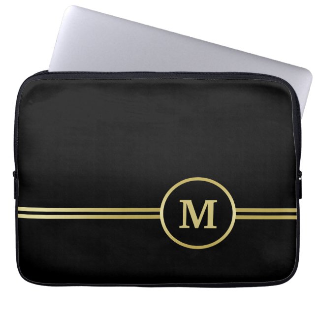 Elegant goud Gepersonaliseerd monogram op zwart Laptop Sleeve (Voorkant)