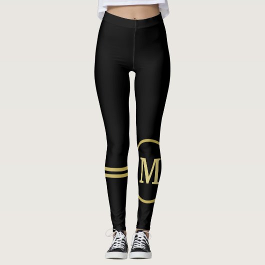Elegant goud Gepersonaliseerd monogram op zwart Leggings (Voorkant)