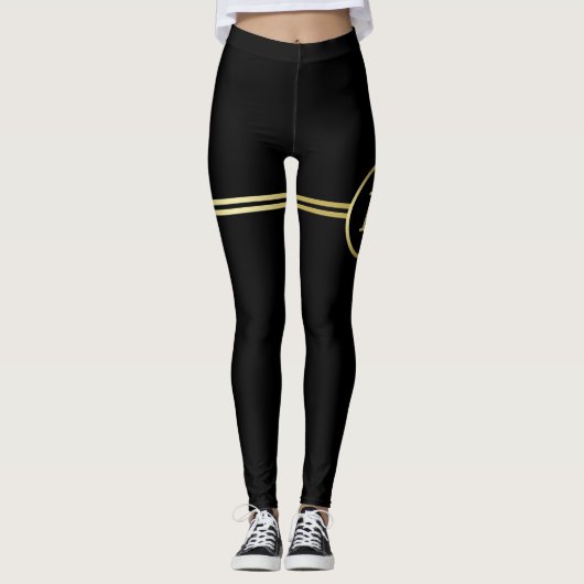 Elegant goud Gepersonaliseerd monogram op zwart Leggings (Voorkant)