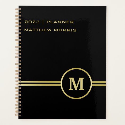 Elegant goud Gepersonaliseerd monogram op zwart Planner (Voorkant)