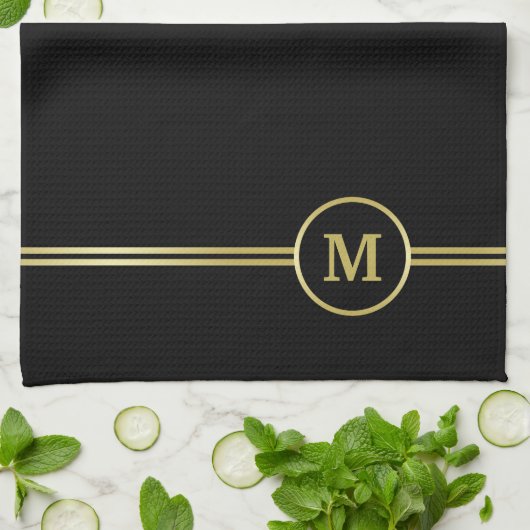 Elegant goud Gepersonaliseerd monogram op zwart Theedoek (Gevouwen)
