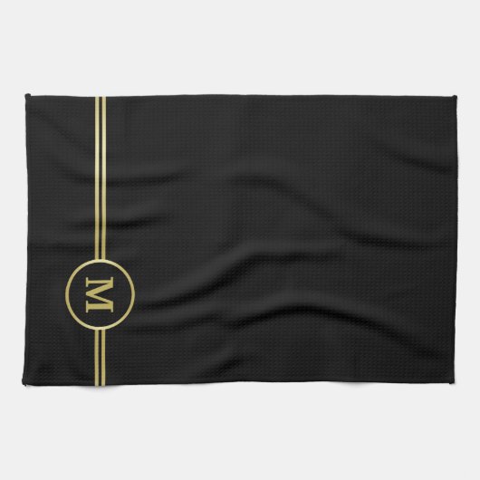 Elegant goud Gepersonaliseerd monogram op zwart Theedoek (Horizontaal)
