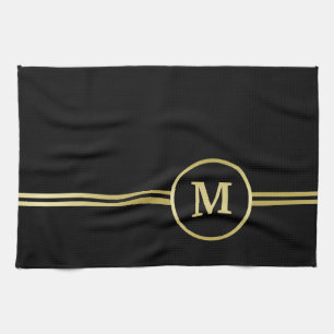 Elegant goud Gepersonaliseerd monogram op zwart Theedoek