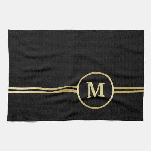 Elegant goud Gepersonaliseerd monogram op zwart Theedoek (Horizontaal)