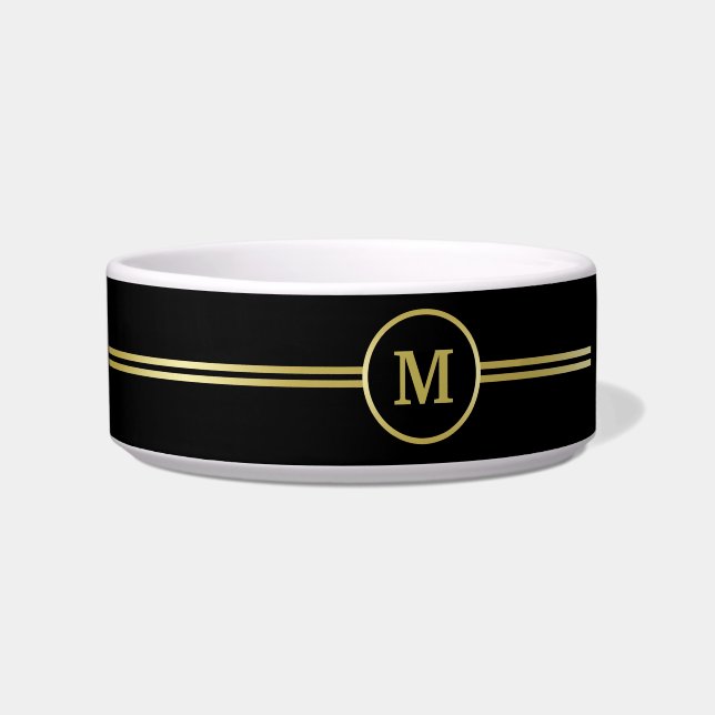 Elegant goud Gepersonaliseerd monogram op zwart Voerbakje (Voorkant)