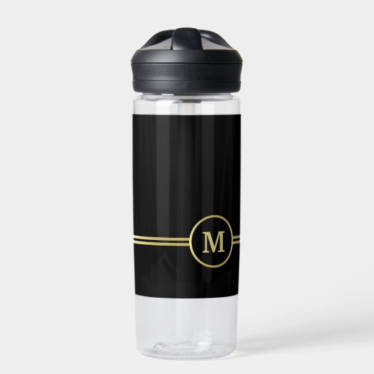 Elegant goud Gepersonaliseerd monogram op zwart Waterfles (Voorkant)