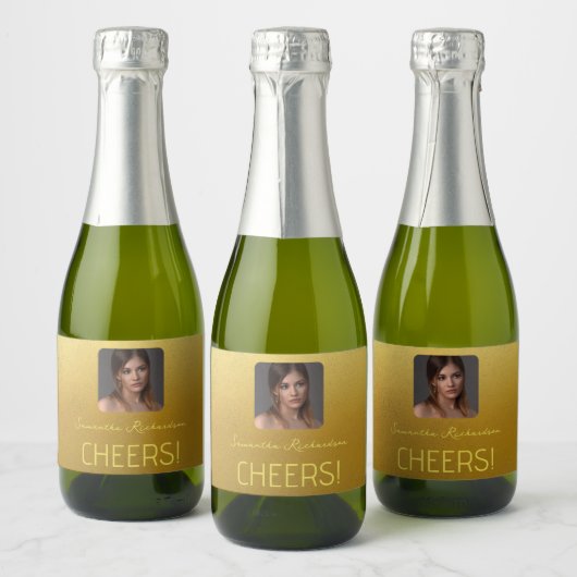 Elegant Goud Gepersonaliseerde Foto Naam Script Mi Sparkling Wijnetiket (Flessen)