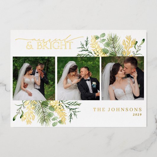 Elegant Goud Getrouwd & Helder Botanische Foto Folie Feestdagenkaart (Voorkant)