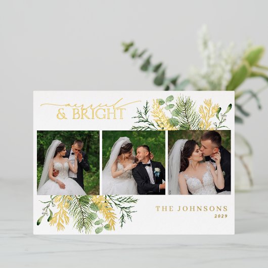 Elegant Goud Getrouwd & Helder Botanische Foto Folie Feestdagenkaart (Staand Voorkant)