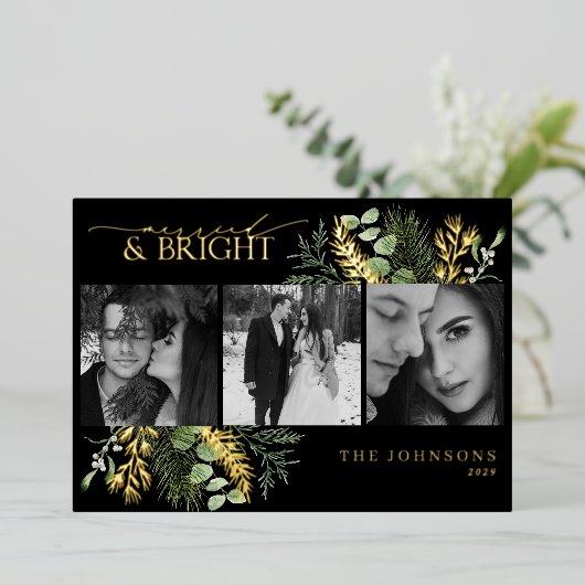 Elegant Goud Getrouwd & Helder Zwart & Wit Foto Folie Feestdagenkaart (Staand Voorkant)