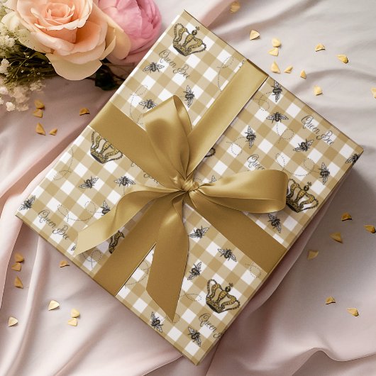 Elegant Goud Gingham Royal Queen Bijenpatroon Cadeaupapier