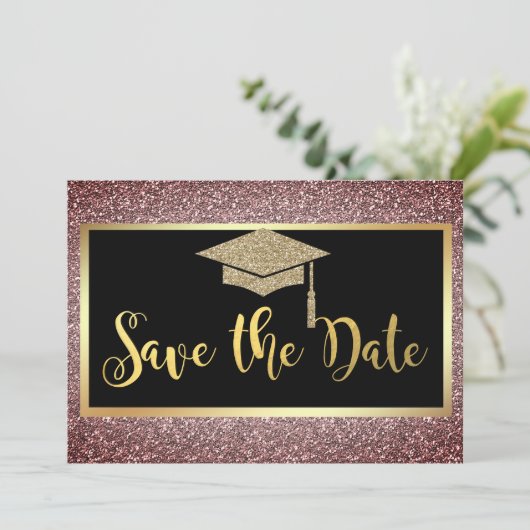 Elegant Goud Glitter Afstuderen Bruin Save The Date (Staand voorkant)