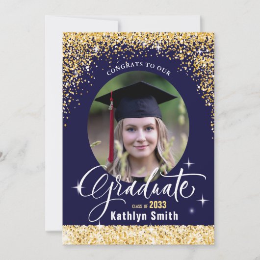 Elegant Goud Glitter Blauw Script Foto Afstuderen Kaart (Voorkant)