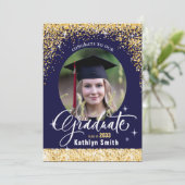 Elegant Goud Glitter Blauw Script Foto Afstuderen Kaart (Staand voorkant)