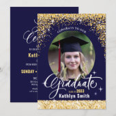 Elegant Goud Glitter Blauw Script Foto Afstuderen Kaart (Voorkant / Achterkant)