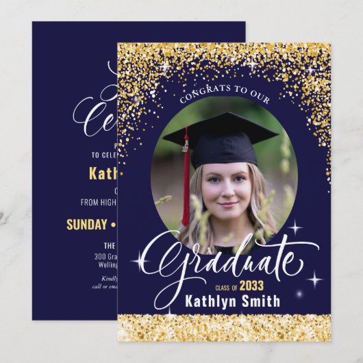 Elegant Goud Glitter Blauw Script Foto Afstuderen Kaart (Voorkant / Achterkant)