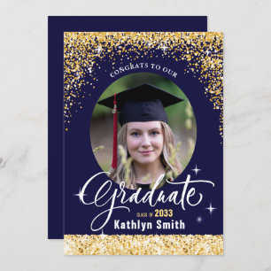 Elegant Goud Glitter Blauw Script Foto Afstuderen Kaart