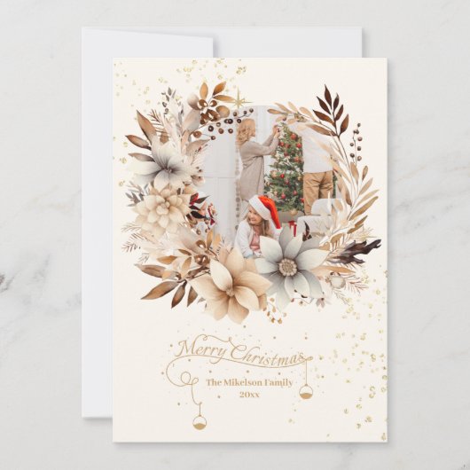 Elegant Goud Glitter Bloemen 3 Foto Kerstmis Feestdagenkaart (Voorkant)
