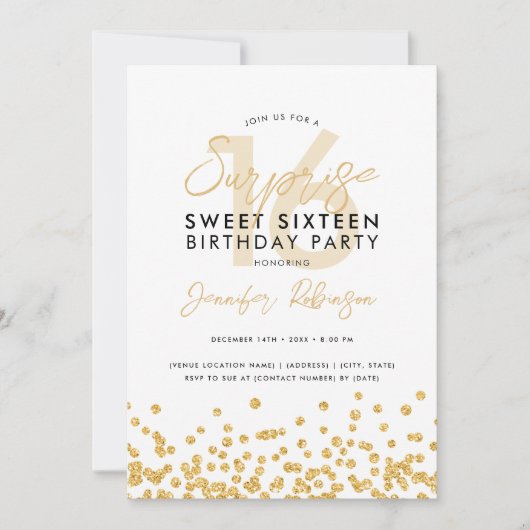Elegant Goud Glitter Confetti Surprise Sweet 16 Kaart (Voorkant)