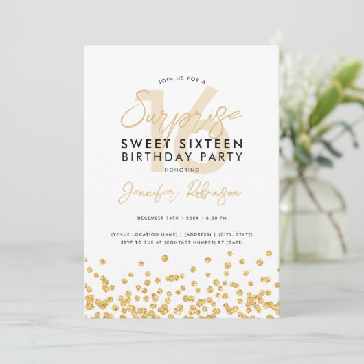 Elegant Goud Glitter Confetti Surprise Sweet 16 Kaart (Staand voorkant)