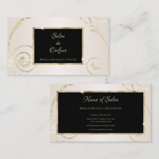Elegant Goud Glitter Filigraan Zwart Goud Salon Visitekaartje (Voorkant / Achterkant)
