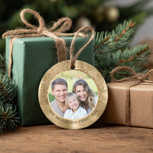 Elegant Goud Glitter Foto Metallic Kerstmis Keramisch Ornament