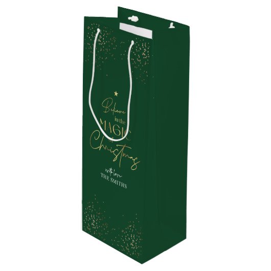 Elegant Goud Glitter Groene Familienaam Kerstmis Wijn Cadeautas (Voorkant Gekanteld)