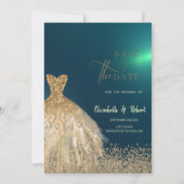 Elegant Goud Glitter Jurk Groen Save The Date (Voorkant)