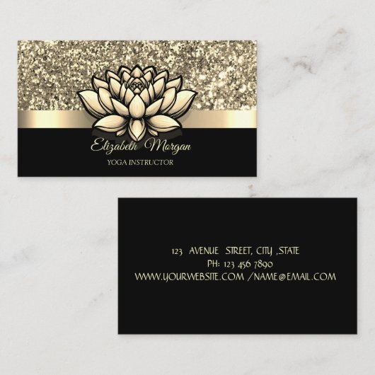 Elegant Goud Glitter Lotus Bloem Yoga Instructeur Visitekaartje (Voorkant / Achterkant)