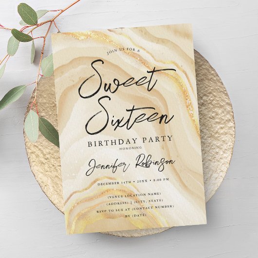 Elegant Goud Glitter Marmer Sweet 16 Verjaardag Kaart