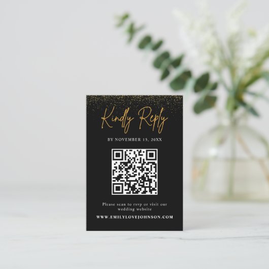 Elegant Goud Glitter QR Code Bruiloft RSVP Informatiekaartje (Staand voorkant)