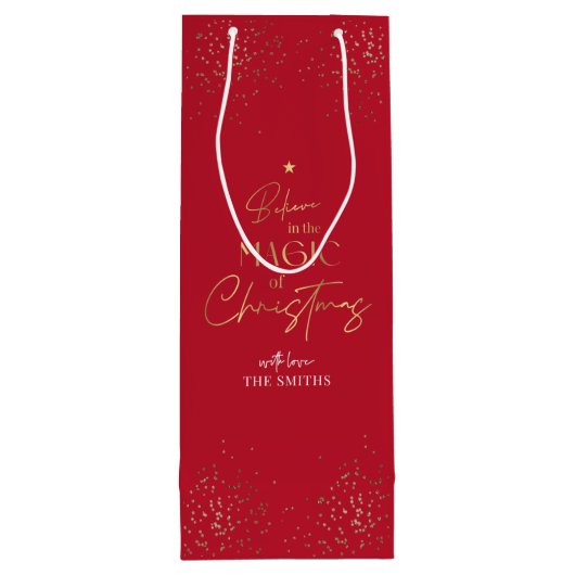 Elegant Goud Glitter Rood Familienaam Kerstmis Wijn Cadeautas (Achterkant)