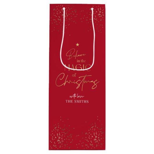 Elegant Goud Glitter Rood Familienaam Kerstmis Wijn Cadeautas (Voorkant)