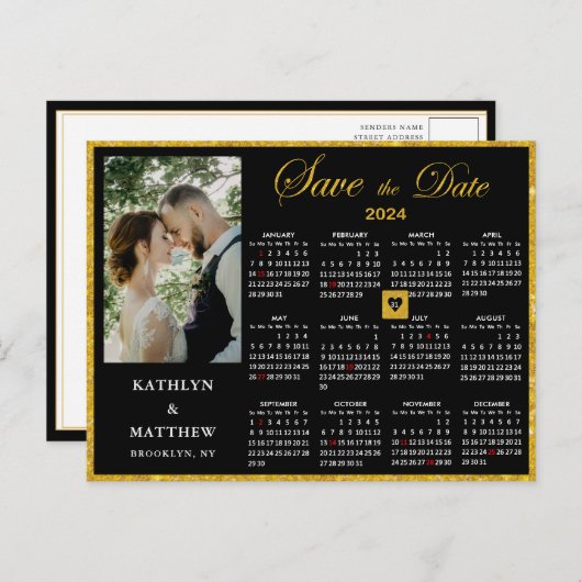 Elegant Goud Glitter Script Photo Save the Date Aankondigingskaart (Voorkant / Achterkant)