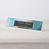 Elegant Goud Glitter Turquoise Marmer, Lijst Bureau Naambordje (Voorkant)