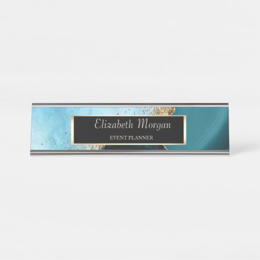 Elegant Goud Glitter Turquoise Marmer, Lijst Bureau Naambordje (Voorkant)