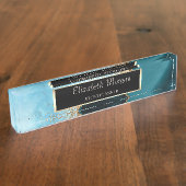 Elegant Goud Glitter Turquoise Marmer, Lijst Naambordje (Zijkant)