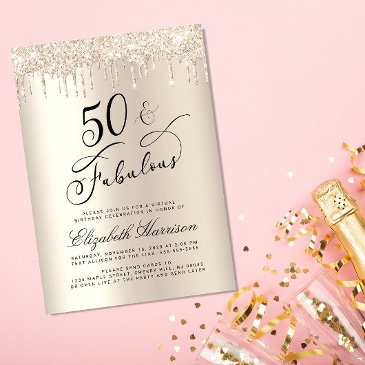 Elegant Goud Glitter Virtual 50e Verjaardagsfeest Kaart